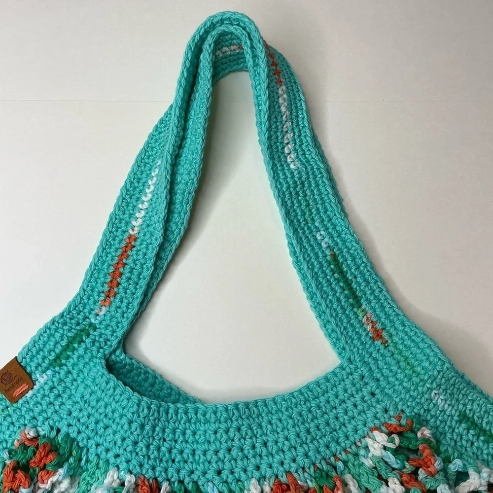Large‎ Crochet Mesh Market Bag Teal White Cotton Handcrafted Handmade Reusable